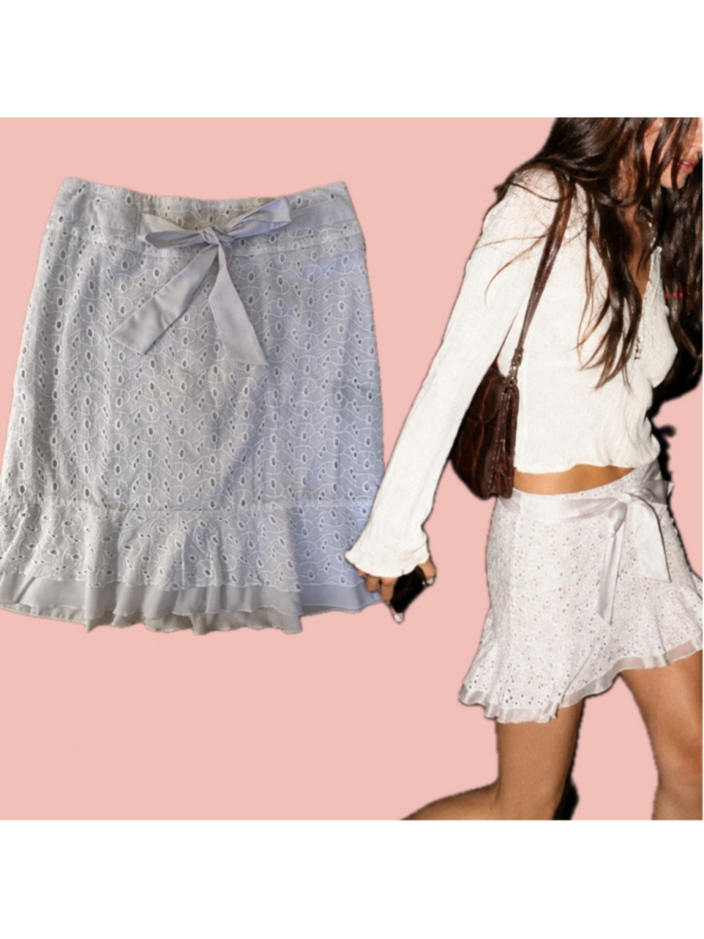 Vintage Eyelet Lace White Ruffle Mini Skirt 4P Y2K Cottagecore